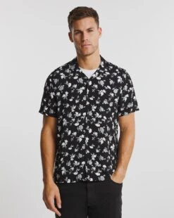 Short Sleeve Viscose Floral Print Shirt| Black