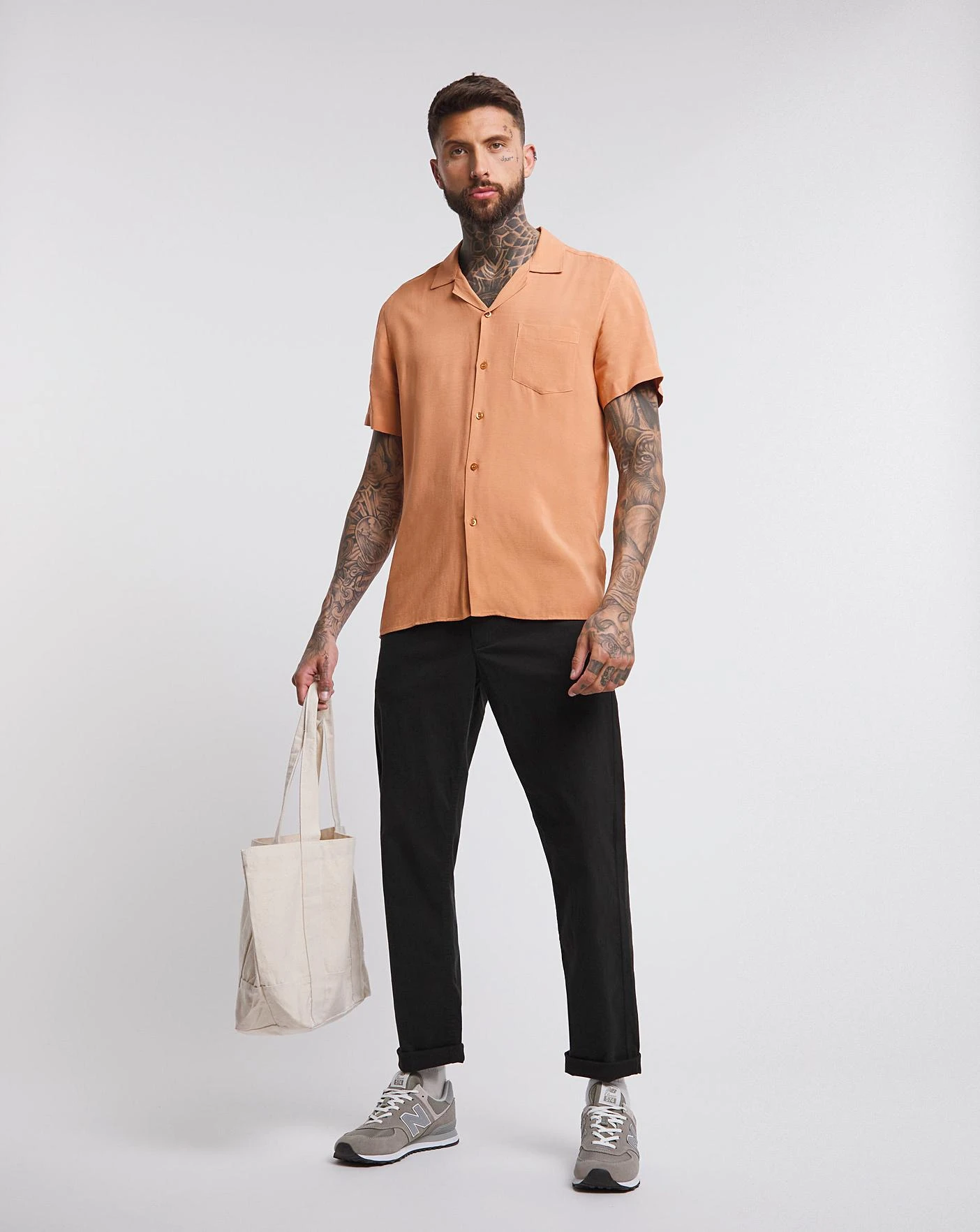 Short Sleeve Revere Collar Slub Shirt| Orange 1 Short Sleeve Revere Collar Slub Shirt| Orange