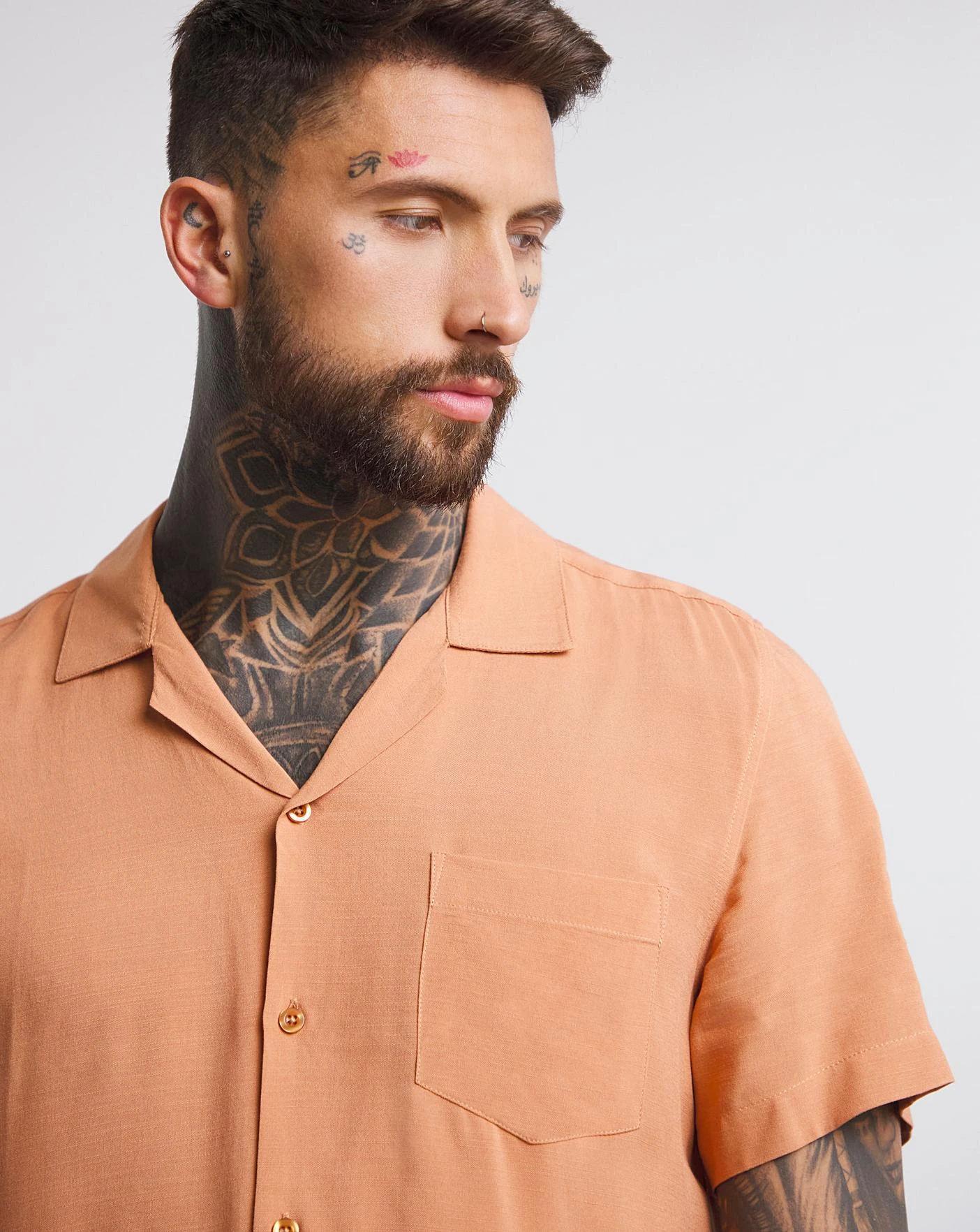 Short Sleeve Revere Collar Slub Shirt| Orange 4 Short Sleeve Revere Collar Slub Shirt| Orange - Image 4