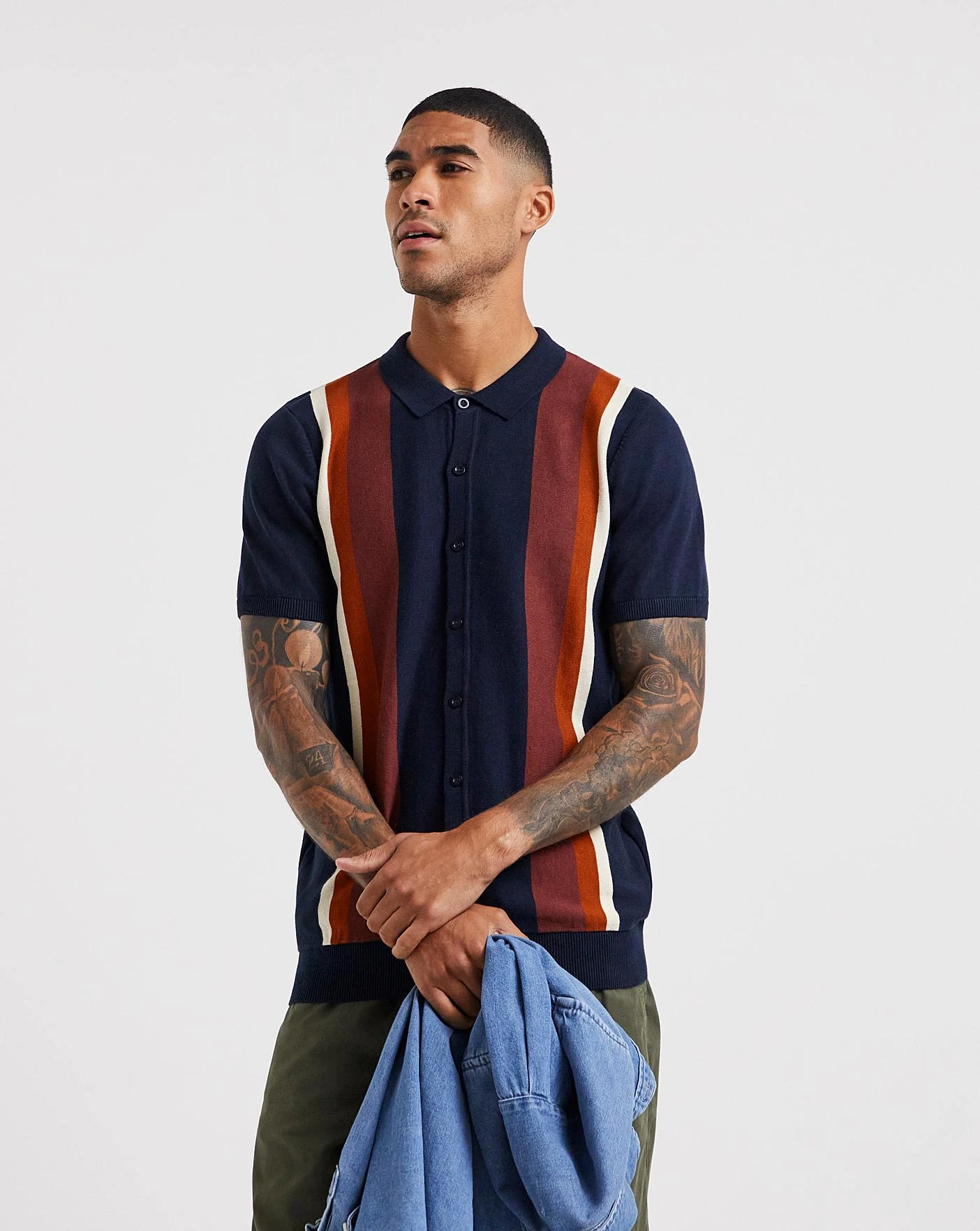Button Through Vertical Stripe Polo| Navy 1 Button Through Vertical Stripe Polo| Navy