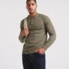 Cashmere Button Through Long Sleeve Polo| Khaki