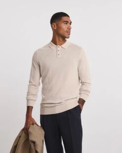 Merino Wool Long Sleeve Polo| Stone