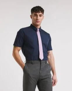 Navy Short Sleeve Formal Shirt Long| Navy