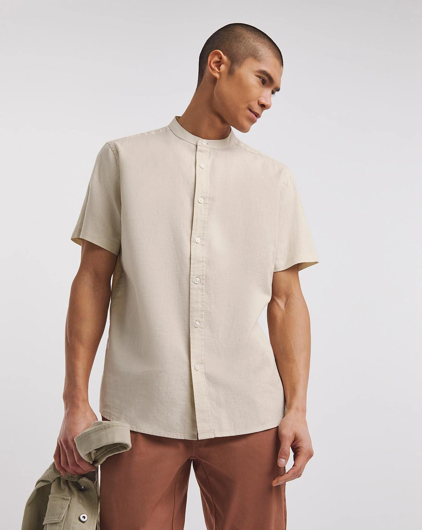 Linen Blend Grandad Collar Shirt| Light Stone 1 Linen Blend Grandad Collar Shirt| Light Stone