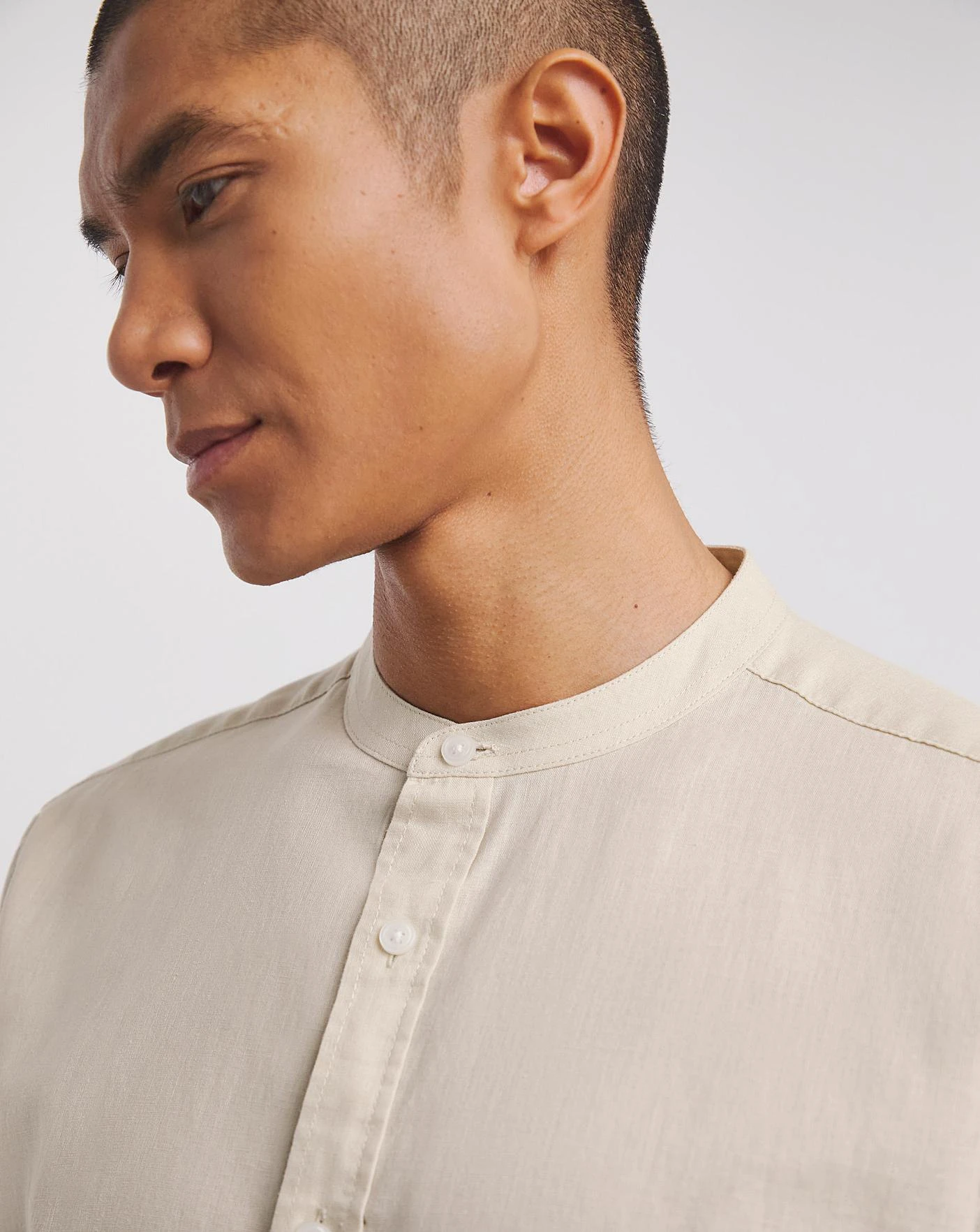 Linen Blend Grandad Collar Shirt| Light Stone 3 Linen Blend Grandad Collar Shirt| Light Stone - Image 3