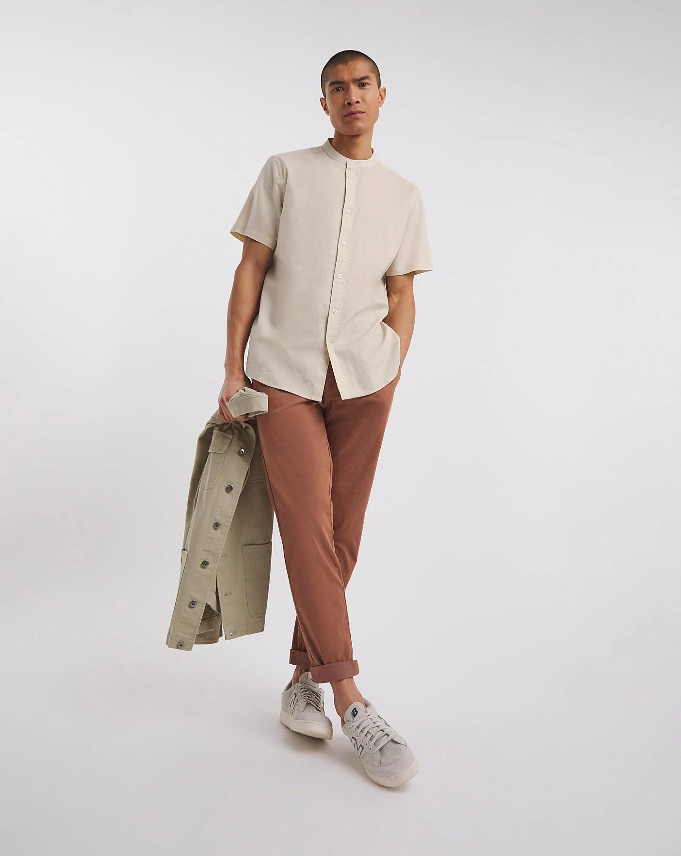 Linen Blend Grandad Collar Shirt| Light Stone 4 Linen Blend Grandad Collar Shirt| Light Stone - Image 4