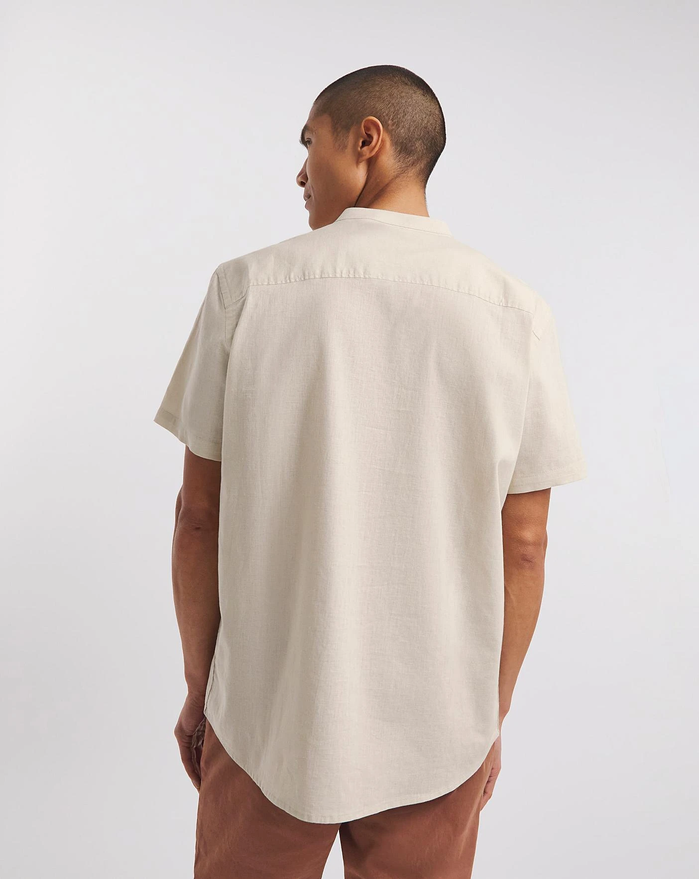 Linen Blend Grandad Collar Shirt| Light Stone 2 Linen Blend Grandad Collar Shirt| Light Stone - Image 2