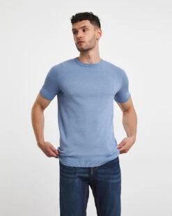 Blue Knitted Short Sleeve T Shirt| Blue