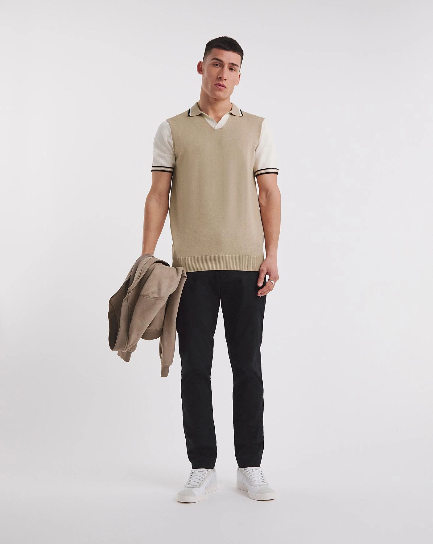 Knitted Stone Revere Collar Tipped Polo| Stone 2 Knitted Stone Revere Collar Tipped Polo| Stone - Image 2